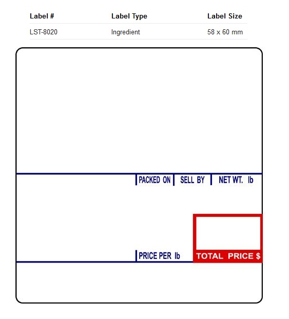 LST - 8020 - UPC with Ingredients (58x60 MM) Lot 50 Cases